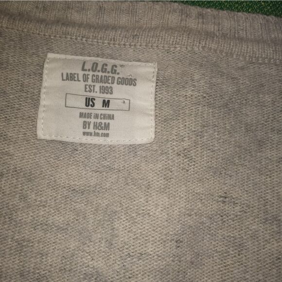 L.O.G.G.by H&M GrayBeige Geometric Lslv V-neck Merino Wool Blend Women's Sweater - Picture 4 of 9